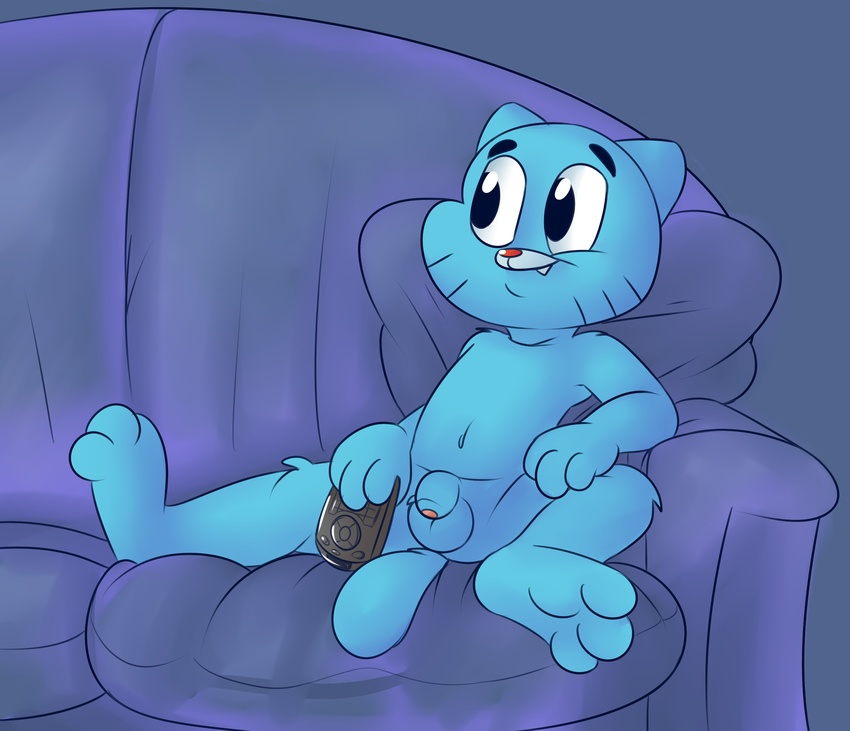 black_eyes blue_fur cat cub feline flaccid fluffy fur gumball_watterson hindpaw male mammal paws penis roarey_raccoon sitting_down smile sofa the_amazing_world_of_gumball uncut whiskers young