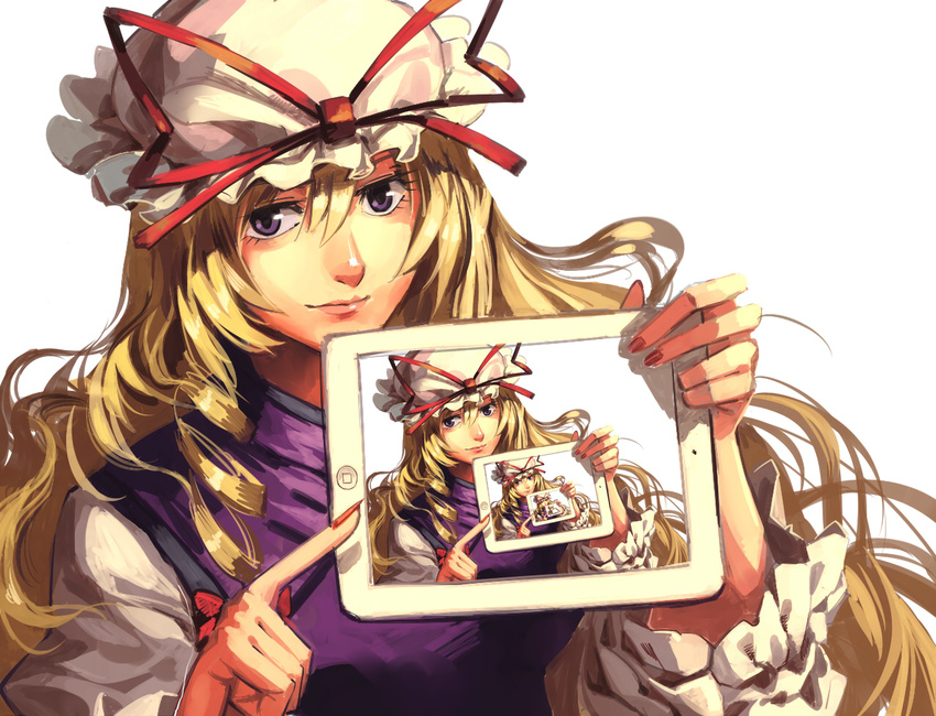 blonde_hair dress hat hat_ribbon ipad long_hair long_sleeves looking_at_viewer mob_cap nail_polish purple_dress purple_eyes recursion red_nails ribbon ruukii_drift shirt solo tablet_pc touhou very_long_hair wide_sleeves yakumo_yukari