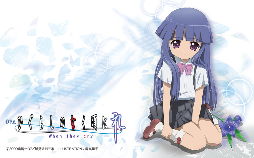 bangs blue_hair blunt_bangs bow flower furude_rika highres higurashi_no_naku_koro_ni kneeling long_hair oka_mariko pink_bow purple_eyes skirt solo suspenders wallpaper