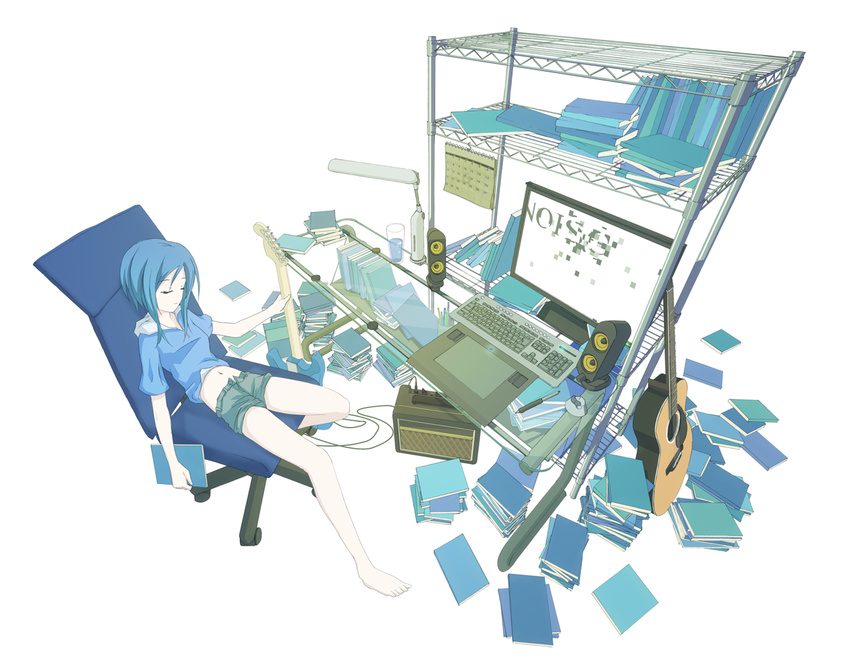 acoustic_guitar amplifier bad_id bad_pixiv_id barefoot blue_hair book calendar_(object) chair closed_eyes computer drawing_tablet electric_guitar from_above glass glass_table guitar instrument keyboard_(computer) lamp messy_room monitor navel office_chair original r.s.r. shelf short_hair shorts simple_background sitting solo speaker stylus table wacom white_background