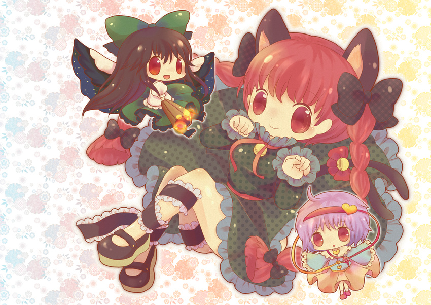 animal_ears bad_id bad_pixiv_id black_hair bow braid cat_ears cat_tail chibi eyes hair_ribbon hairband heart kaenbyou_rin komeiji_satori long_hair moyu multiple_girls multiple_tails purple_hair red_eyes red_hair reiuji_utsuho ribbon short_hair tail touhou twin_braids twintails wings