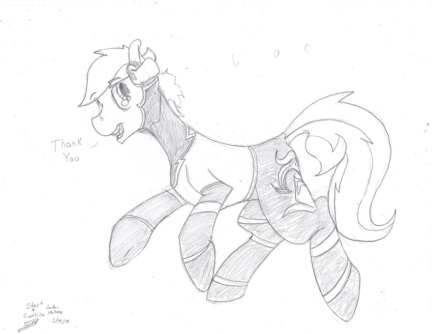 absurd_res clothing cute cutie_mark dialog drawing earphones earth_pony english_text equine feral friendship_is_magic goina hair happy hi_res high_quality horse invalid_tag looking_at_viewer male mammal my_little_pony no_color open_eyes open_mouth original pony sketch solo text uniform