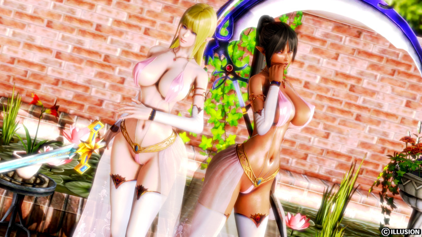 2girls 3d ass bikini breasts elf female highres honey_select illusion_soft multiple_girls oppai_sophie pointy_ears swimsuit