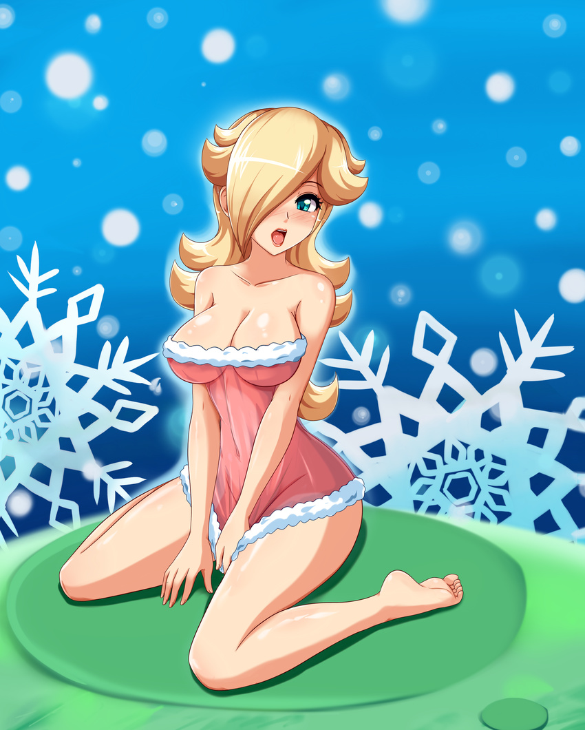 blonde_hair blue_eyes breasts cleavage feet hair_over_one_eye hands highres large_breasts navel nintendo open_mouth pussy rosalina_(mario) rosetta_(mario) sigurd_hosenfeld sigurdhosenfeld sitting smile super_mario_bros. super_mario_galaxy uncensored