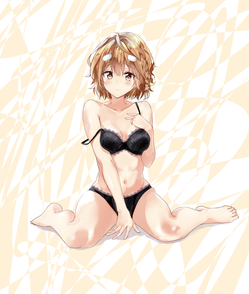 1girl absurdres arm_support bangs barefoot black_bra black_panties blush bra braid breasts brown_eyes brown_hair closed_mouth commentary eyebrows_visible_through_hair frown fujisaki_ribbon full_body hair_ornament hand_on_own_chest highres koiwai_yoshino lace lace-trimmed_bra lace-trimmed_panties legs lips looking_at_viewer masamune-kun_no_revenge medium_breasts navel panties short_hair sitting solo strap_slip tearing_up underwear wariza yellow_background