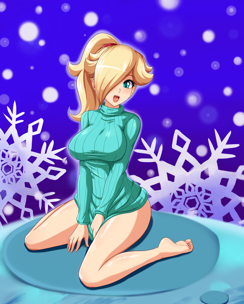 blonde_hair blue_eyes breasts feet hair_over_one_eye hands highres large_breasts looking_at_viewer nintendo open_mouth rosalina_(mario) rosetta_(mario) sigurd_hosenfeld sigurdhosenfeld sitting smile super_mario_bros. super_mario_galaxy