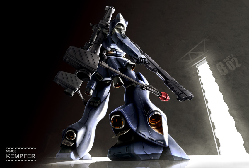 character_name error gun gundam gundam_0080 kampfer_(mobile_suit) mecha rocket_launcher shotgun tect weapon