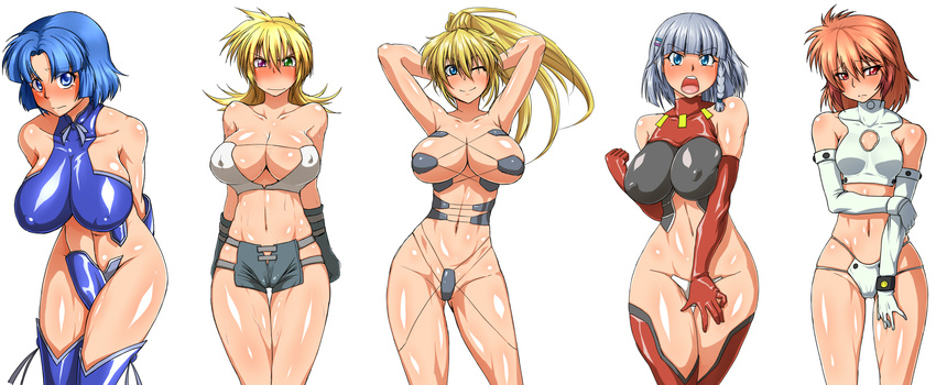 bare_shoulders blonde_hair blue_eyes blue_hair blush braid breasts cosplay covered_nipples elbow_gloves excellen_browning frown gloria_(daphne_in_the_brilliant_blue) gloria_(daphne_in_the_brilliant_blue)_(cosplay) gloves green_eyes hayama_shizuka hayama_shizuka_(cosplay) heterochromia highres hikari_to_mizu_no_daphne honjou_rena honjou_rena_(cosplay) ibis_douglas katina_tarask kusuha_mizuha large_breasts maebari mizuki_maia mizuki_maia_(cosplay) multiple_girls one_eye_closed open_mouth pepo_(absolute1123) ponytail purple_eyes red_eyes red_hair revealing_clothes seolla_schweizer shiny shiny_skin silver_hair smile super_robot_wars tears thigh_gap thighhighs white_background yuu_park yuu_park_(cosplay)