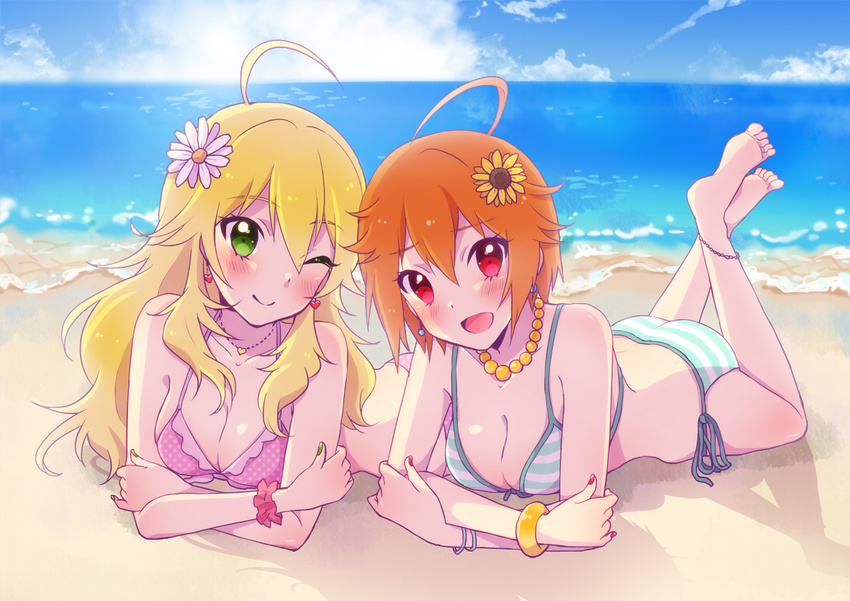 beach bikini blonde_hair blush breasts brown_hair cleavage day flower green_eyes hair_flower hair_ornament hoshii_miki ibuki_tsubasa idolmaster idolmaster_(classic) idolmaster_million_live! long_hair looking_at_viewer lying medium_breasts multiple_girls naju_soreiyu on_stomach one_eye_closed open_mouth outdoors red_eyes sand short_hair smile striped striped_swimsuit swimsuit water