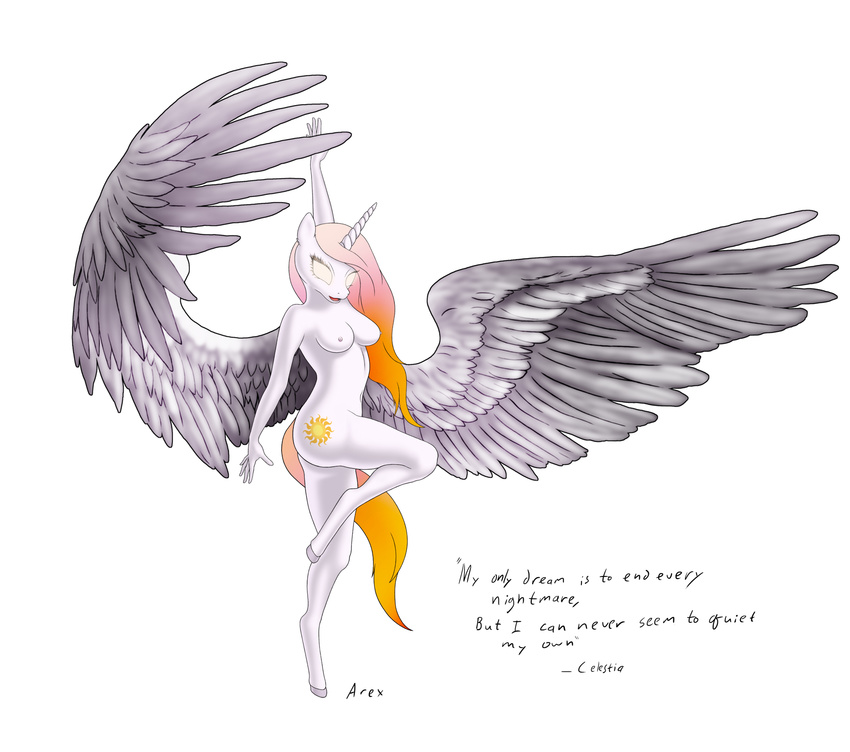 adult breasts cutie_mark english_text equine female friendship friendship_is_magic hair hi_res horn horse little long_hair magic mammal my my_little_pony nipples plain_background pony princess_celestia_(mlp) solo text twilightsprinkle white_background white_body white_eyes winged_unicorn wings