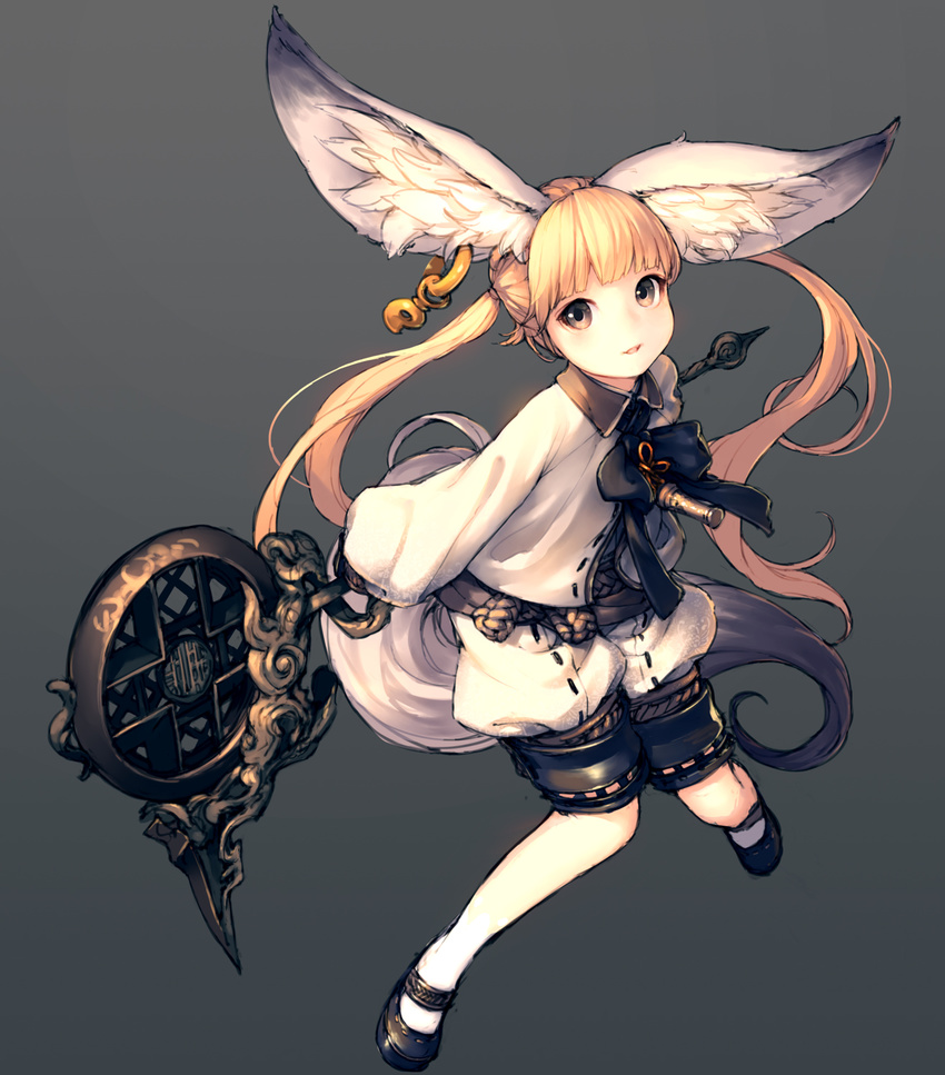 1girl animal_ear_fluff animal_ears blade_&_soul blonde_hair commentary_request earrings full_body highres jewelry junwool long_hair looking_at_viewer lyn_(blade_&_soul) mary_janes shoes simple_background single_earring smile solo tail twintails weapon