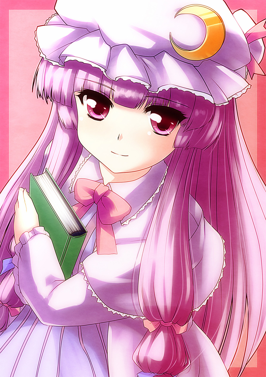 book bow bowtie capelet crescent dress frilled_shirt_collar frills hair_bow hat hat_ribbon highres holding holding_book long_hair long_sleeves looking_at_viewer mob_cap patchouli_knowledge purple_eyes purple_hair ribbon smile solo striped striped_pajamas tdk touhou