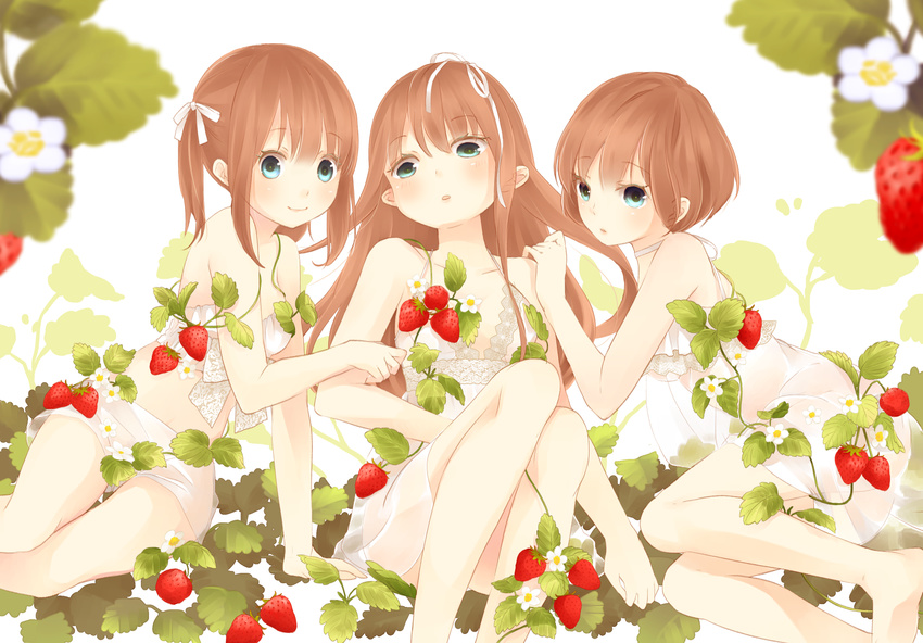 :d :o ahira_yuzu blue_eyes blush brown_hair flower food fruit highres leaf long_hair looking_at_viewer multiple_girls open_mouth original parted_lips plant see-through short_hair simple_background sitting smile strawberry twintails very_long_hair white_background