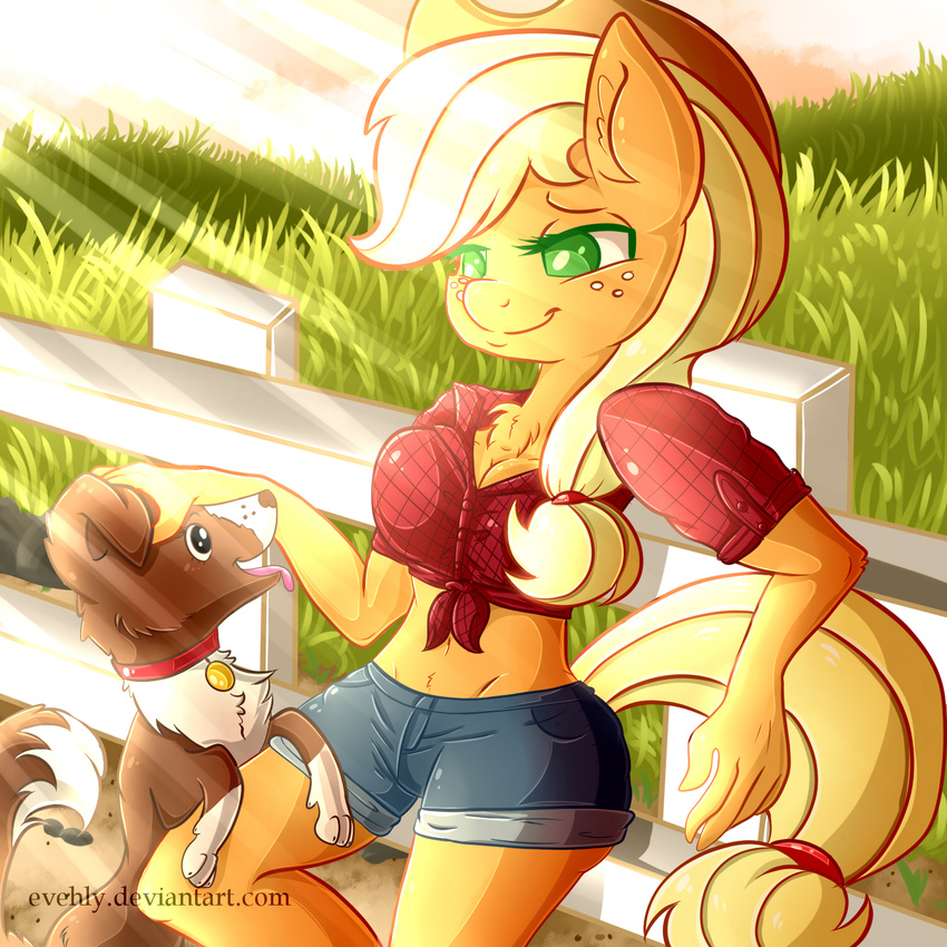 anthro anthrofied applejack_(mlp) blonde_hair breasts brown_fur canine cleavage clothed clothing collar cowboy_hat dog duo earth_pony equine evehly female fence freckles friendship_is_magic fur grass green_eyes hair hat hi_res horse leaning mammal my_little_pony navel open_mouth orange_fur outside pony ponytail shorts smile solo tongue tongue_out winona_(mlp)
