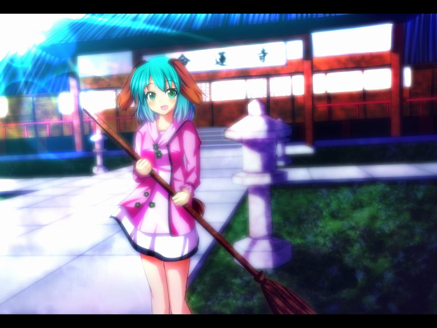 :d animal_ears architecture broom building cuon_(kuon) dress grass green_eyes green_hair holding house kasodani_kyouko letterboxed open_mouth path railing road rock short_hair smile solo stairs stan stone_lantern sunlight tail temple touhou