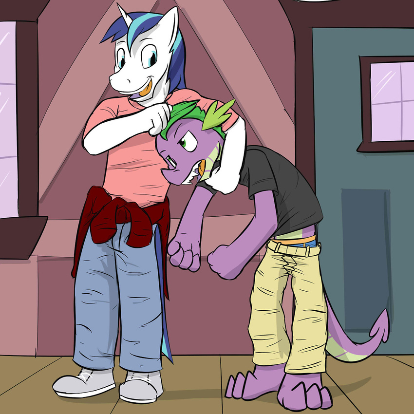 annoyed anthro barefoot black_shirt blue_eyes blue_mane briefs dragon duo embarrassed equine friendship_is_magic fur fuze green_eyes headlock hi_res horn jeans male mammal my_little_pony noogie open_mouth pink_shirt purple_scales scales sharp_teeth shining_armor_(mlp) shoes spike_(mlp) sweater teeth underwear unicorn white_fur yellow_belly