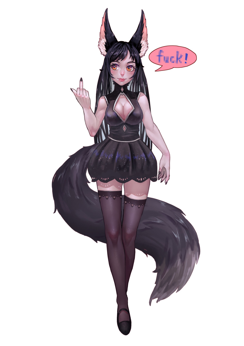1girl absurdres animal_ears black_dress black_footwear black_hair black_legwear black_nails blush breasts brown_eyes cleavage_cutout dress english fox_tail full_body hand_up highres lipstick long_hair looking_at_viewer looking_back makeup medium_breasts middle_finger monster_girl nail_polish original simple_background snow7a solo speech_bubble standing tail thighhighs very_long_hair white_background