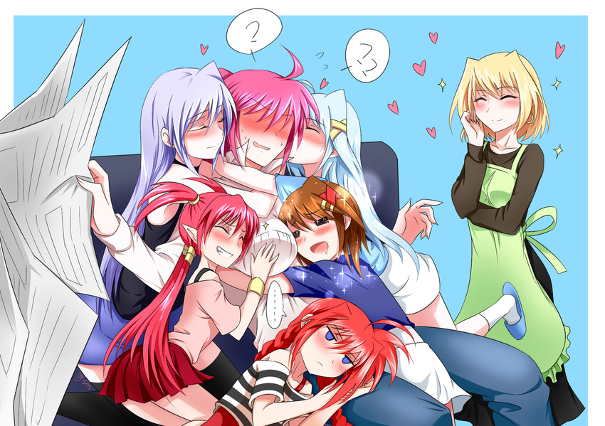 =_= ? ?? agito_(nanoha) apron bare_shoulders blonde_hair blue_background blue_eyes blue_hair blue_shirt blush brown_hair closed_eyes confused drooling earrings embarrassed female_pervert hand_on_own_face harem heart highres hug jewelry kiss long_hair lyrical_nanoha mahou_shoujo_lyrical_nanoha mahou_shoujo_lyrical_nanoha_a's mahou_shoujo_lyrical_nanoha_strikers multiple_girls newspaper pervert pink_hair pink_shirt red_hair red_skirt reinforce reinforce_zwei shamal shirt short_hair signum simple_background sitting skirt slippers sm318 socks sparkle striped striped_shirt vita white_skirt yagami_hayate yuri