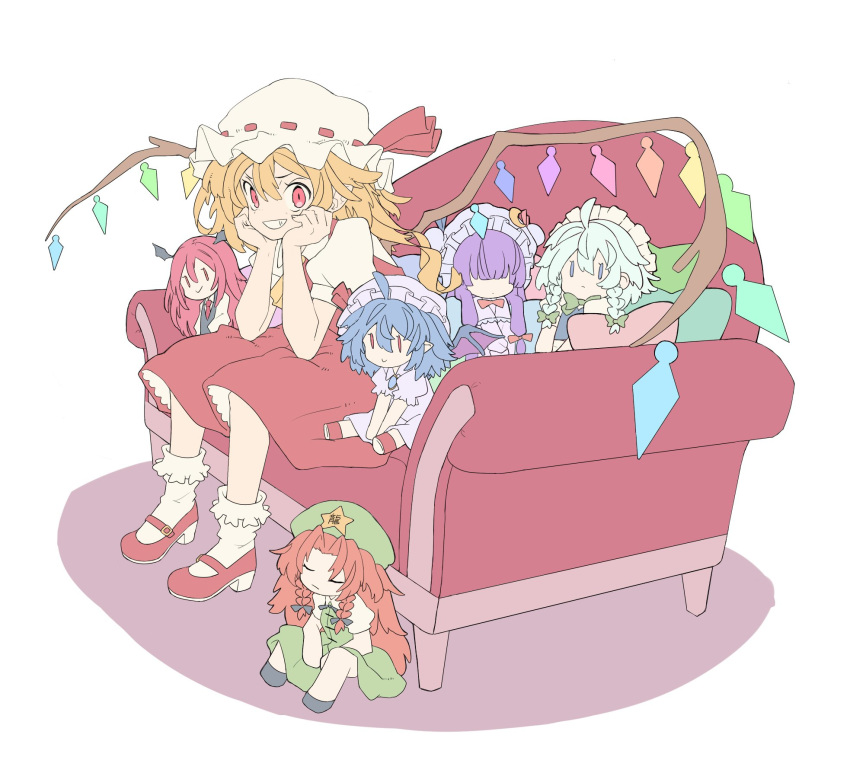 1girl ahoge ascot banana_takemura bangs black_bow blonde_hair blue_eyes blue_hair blunt_bangs bobby_socks bow braid character_doll couch crescent crescent_moon_pin flandre_scarlet flat_color full_body green_bow green_hat grin hair_between_eyes hair_bow hair_over_eyes hands_up hat hat_ribbon head_rest head_wings high_heels highres hong_meiling izayoi_sakuya koakuma looking_at_viewer mob_cap necktie patchouli_knowledge pointy_ears puffy_short_sleeves puffy_sleeves purple_hair red_eyes red_footwear red_hair red_neckwear red_ribbon red_skirt red_vest remilia_scarlet ribbon shirt shoes short_sleeves sitting skirt skirt_set smile socks solo touhou twin_braids v_arms vest white_legwear white_shirt wings yellow_neckwear