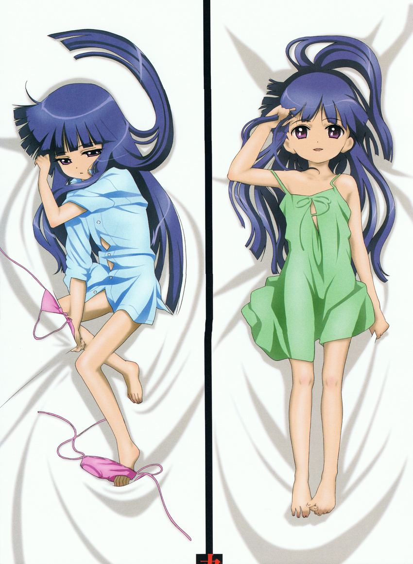 barefoot bed_sheet bikini bikini_bottom bikini_top blue_hair bottomless child dakimakura dress furude_rika highres higurashi_no_naku_koro_ni kuroda_kazuya long_hair lying multiple_views naked_shirt official_art on_back on_side purple_eyes scan scan_artifacts sheet_grab shirt side-tie_bikini smile swimsuit swimsuit_removed untied