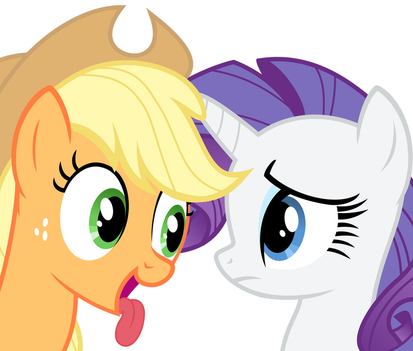 absurd_res alpha_channel applejack_(mlp) blonde_hair blue_eyes duo equine eye_contact female feral freckles friendship_is_magic fur green_eyes hair hi_res horn horse magister39 mammal my_little_pony orange_fur plain_background pony purple_hair rarity_(mlp) tongue tongue_out transparent_background unicorn white_fur