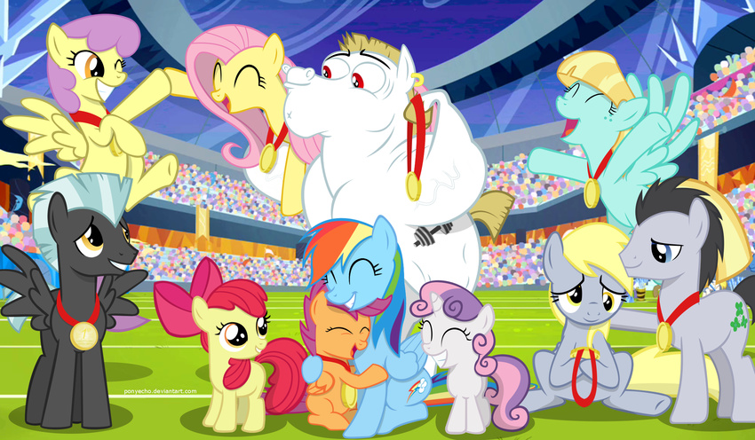 apple_bloom_(mlp) black_fur black_hair blonde_hair blue_eyes blue_fur bow brown_hair bulk_biceps_(mlp) cutie_mark derp_eyes derpy_hooves_(mlp) doctor_whooves_(mlp) earth_pony equine eyes_closed female feral fluttershy_(mlp) flying friendship_is_magic fur grey_fur group hair hair_bow hi_res horn horse male mammal multi-colored_hair my_little_pony orange_eyes orange_fur pegasus pink_hair pony ponyecho purple_hair rainbow_dash_(mlp) rainbow_hair rainbow_tail red_eyes red_hair scootaloo_(mlp) smile sweetie_belle_(mlp) teeth thunderlane_(mlp) unicorn white_fur wings yellow_fur