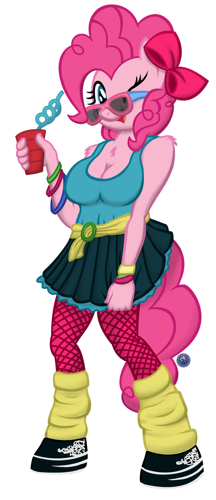 absurd_res alpha_channel anthro anthrofied belt blue_eyes bracelet breasts cleavage clothed clothing cup drink earth_pony equine eyewear female fishnet fishnet_stocking friendship_is_magic glasses hair hi_res horse jewelry leg_warmer legwear looking_at_viewer mammal my_little_pony one_eye_closed pink_hair pinkie_pie_(mlp) plain_background pony skirt solo standing straw sunglasses template93 transparent_background wink
