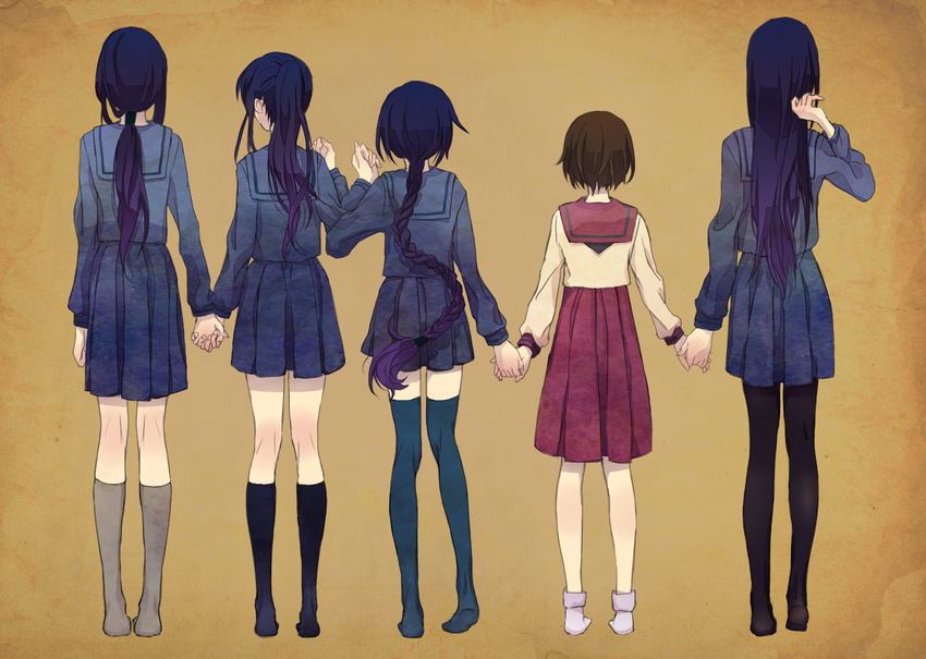 black_legwear blue_hair braid brown_hair commentary_request contemporary from_behind grey_legwear holding_hands interlocked_fingers kamiya_kaoru kneehighs locked_arms long_hair low_ponytail makimachi_misao mallow-mallow multiple_girls navy_blue_legwear no_shoes odd_one_out pantyhose pleated_skirt rurouni_kenshin sanjou_tsubame school_uniform serafuku short_hair single_braid skirt socks standing takani_megumi thighhighs yukishiro_tomoe