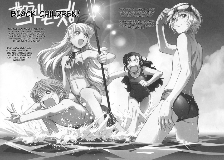 2girls agua-verde ass barefoot black_lagoon fabiola_iglesias garcia_lovelace gretel_(black_lagoon) greyscale hansel_(black_lagoon) hard_translated highres hiroe_rei monochrome multiple_boys multiple_girls ocean official_art one-piece_swimsuit polearm school_swimsuit swimsuit tankini translated trident weapon