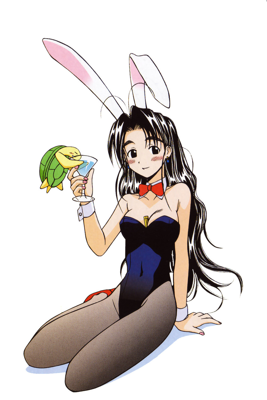 akamatsu_ken animal_ears antenna_hair black_hair blush breasts bunny_ears bunnysuit cleavage cocktail earrings eyebrows high_heels highres jewelry large_breasts lighter long_hair love_hina nail_polish otohime_mutsumi pantyhose pink_nails shoes tama_(love_hina) turtle white_background