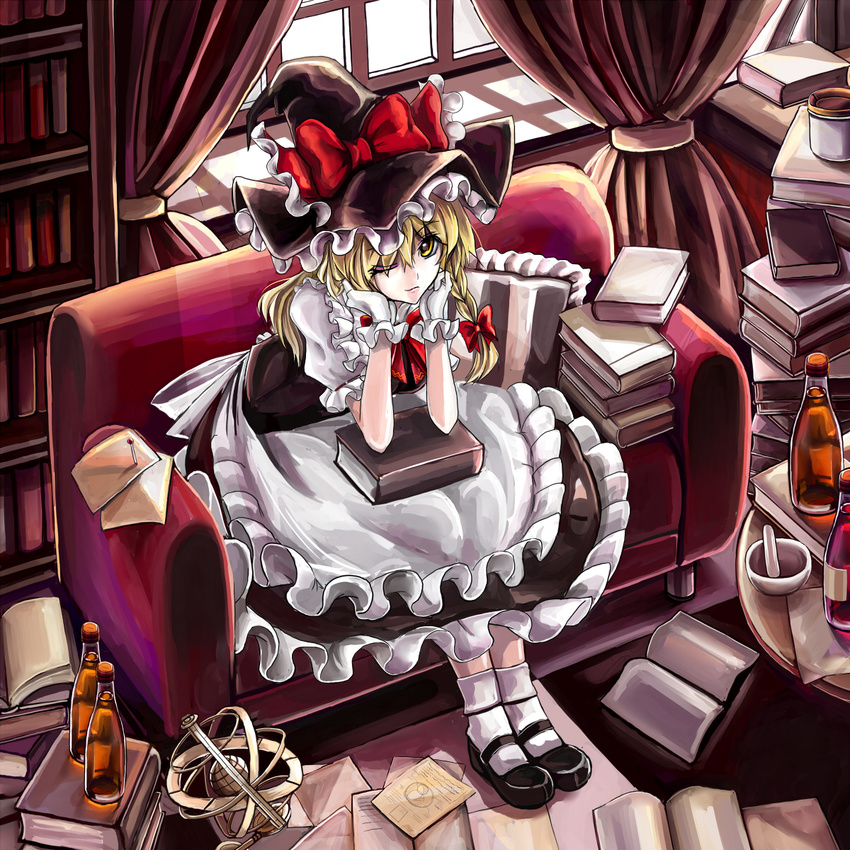 blonde_hair book bottle braid couch fullerene gloves hat highres kirisame_marisa mary_janes one_eye_closed shoes short_hair solo touhou witch_hat yellow_eyes
