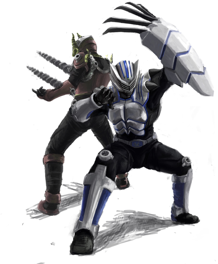 belt claws drill highres horns kamen_rider kamen_rider_imperer kamen_rider_tiger multiple_boys shadow tori_yuhu