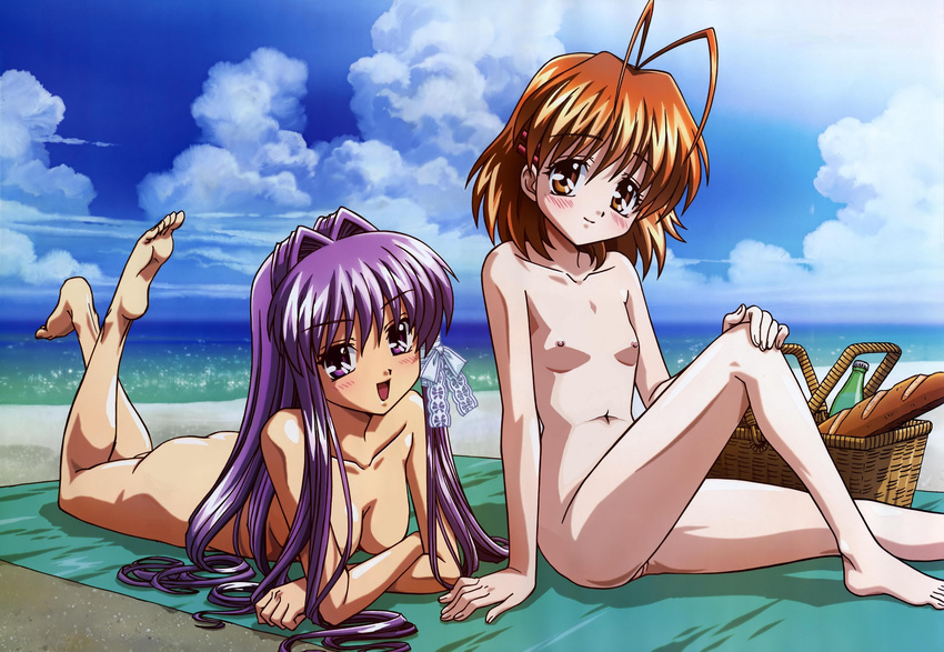 2girls :d absurdres ahoge antenna_hair arm_support bangs barefoot basket beach beach_towel blush bottle bread breasts brown_eyes brown_hair clannad cloud crossed_arms feet female flat_chest food fujibayashi_kyou furukawa_nagisa hair_intakes hair_ornament hair_ribbon hairclip hand_on_knee head_tilt highres key_(company) knee_up legs legs_up long_hair looking_at_viewer lying megami multiple_girls navel nipples nude nude_filter ocean on_stomach oonishi_youichi open_mouth outdoors payot photoshop picnic_basket purple_eyes purple_hair pussy ribbon scan short_hair sidelocks sitting sky smile soles thighs toes towel tress_ribbon uncensored very_long_hair water