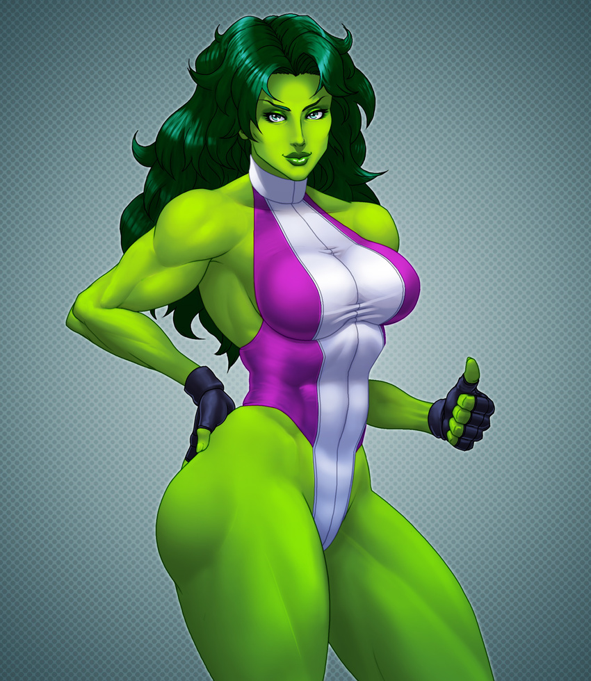 alternate_costume breasts cowboy_shot fingerless_gloves gloves green_eyes green_hair green_lipstick green_skin hand_on_hip highres jennifer_walters josef_axner large_breasts leotard lips lipstick long_hair looking_at_viewer makeup marvel muscle nose she-hulk solo taut_clothes taut_leotard thick_thighs thighs thumbs_up