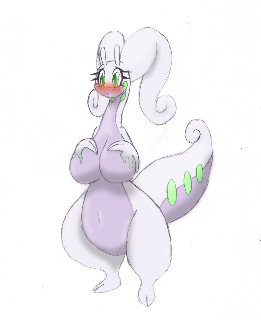 bit-small blush breasts chubby cute female goo goodra green_eyes holding_breasts huge_breasts nintendo nude overweight pok&#233;mon pok&eacute;mon shy slime slimey solo video_games voluptuous