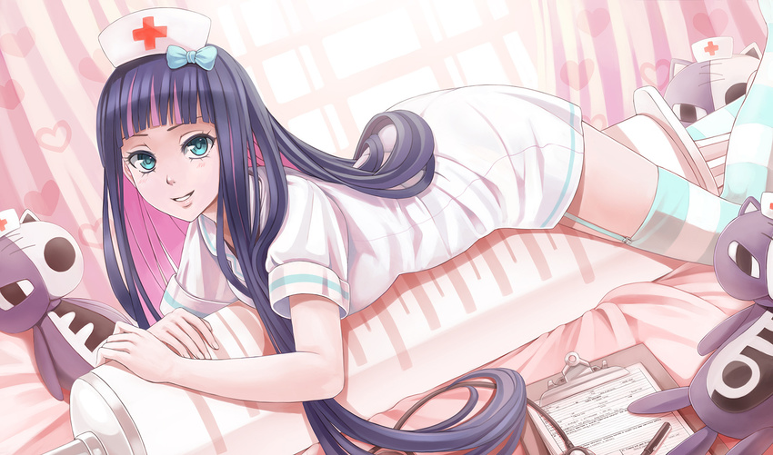 blue_eyes blue_hair bow garter_belt hat long_hair nurse panty_&amp;_stocking_with_garterbelt stocking_(character) sunimu thighhighs