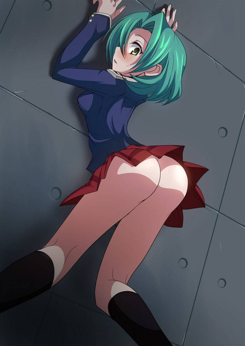 ass blush character_request clam_curry eyelashes green_eyes green_hair highres needless no_panties red_skirt shirt short_hair skirt socks solo standing uniform