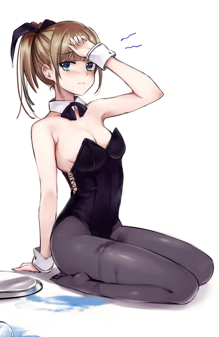 1girl bare_shoulders black_legwear blue_eyes blush breasts brown_hair cleavage detached_collar feet highres leotard looking_at_viewer original pantyhose ponytail rough short_hair simple_background sketch small_breasts solo spill takeuchi_aya tears tray white_background wrist_cuffs