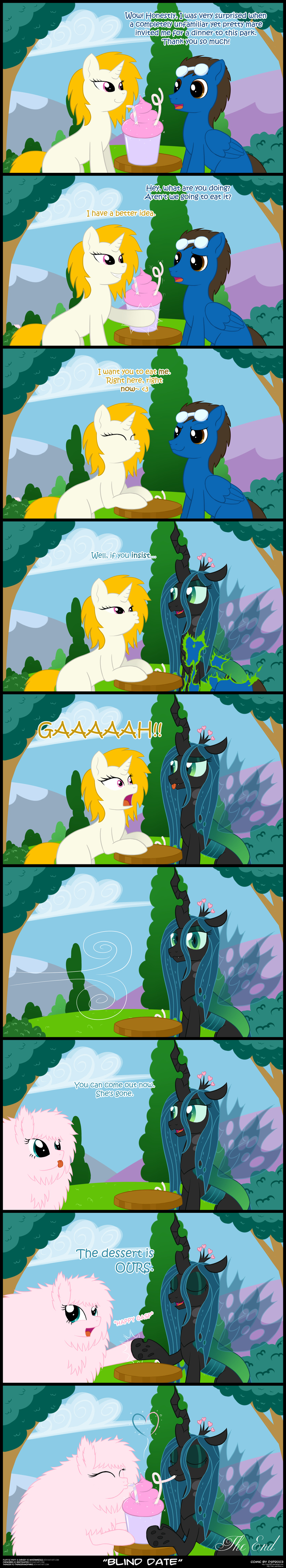 black_body blue_hair changeling comic dialog dsp2003 english_text fluffle_puff friendship_is_magic fur green_eyes hair my_little_pony pink_fur queen_chrysalis_(mlp) slit_pupils text transformation