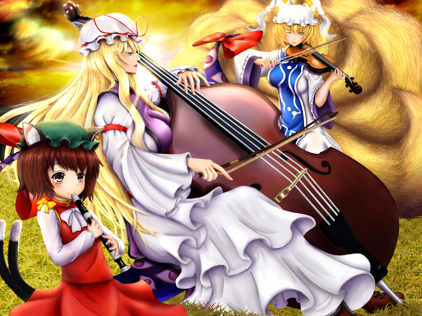 animal_ears blonde_hair breasts brown_eyes brown_hair cat_ears cat_tail chen double_bass fox_tail gap hat hat_ribbon highres instrument large_breasts long_hair medium_breasts multiple_girls multiple_tails purple_eyes redoredo_(godprogress) ribbon short_hair tail touhou two_tails violin yakumo_ran yakumo_yukari yellow_eyes