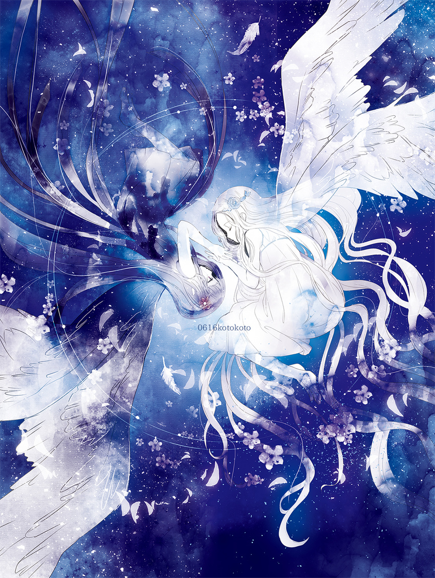 angel artist_name black_hair blue closed_eyes commentary dated dress feathers flower from_side hair_flower hair_ornament hands_together highres kotokoto_(vibgyor) long_hair multiple_girls number original profile rotational_symmetry very_long_hair white_dress white_hair white_wings wings