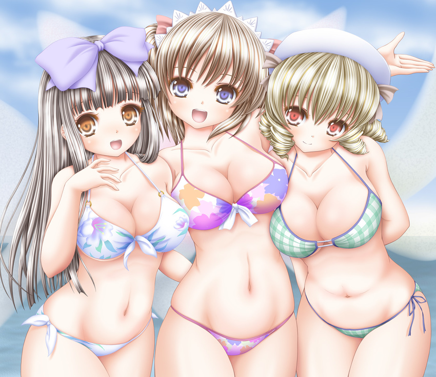 :d akino_irori arms_behind_back bikini black_hair blonde_hair bow breasts brown_eyes brown_hair checkered checkered_bikini cleavage cloud collarbone cowboy_shot day drill_hair fairy_wings floral_print friends front-tie_bikini front-tie_top group_hug hair_bow hat highres hug large_breasts leaning_forward long_hair looking_at_viewer luna_child midriff multiple_girls navel o-ring o-ring_top open_mouth purple_eyes red_eyes short_hair side-tie_bikini sky smile star_sapphire strap_gap string_bikini sunny_milk swimsuit touhou water wings