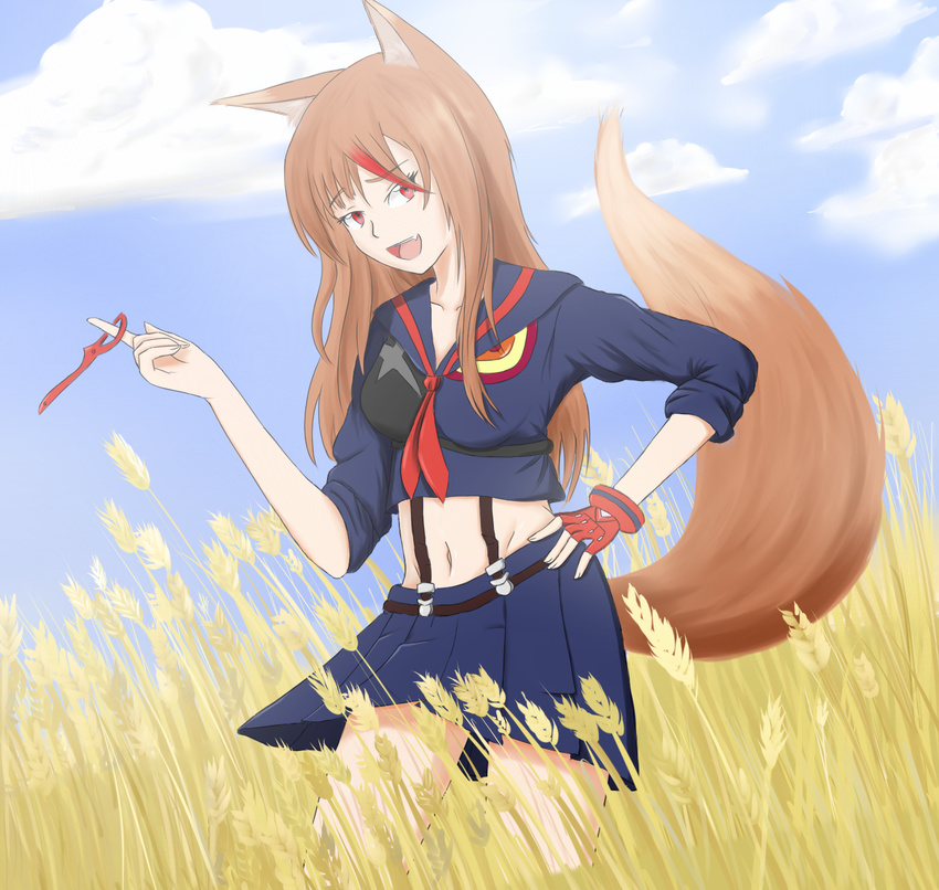 :d animal_ears brown_hair cosplay crossover fang gloves highres holo kill_la_kill koshimizu_ami long_hair matoi_ryuuko matoi_ryuuko_(cosplay) navel open_mouth otpsqueekz red_eyes scissor_blade seiyuu_connection senketsu single_glove smile solo spice_and_wolf tail wheat wolf_ears wolf_tail
