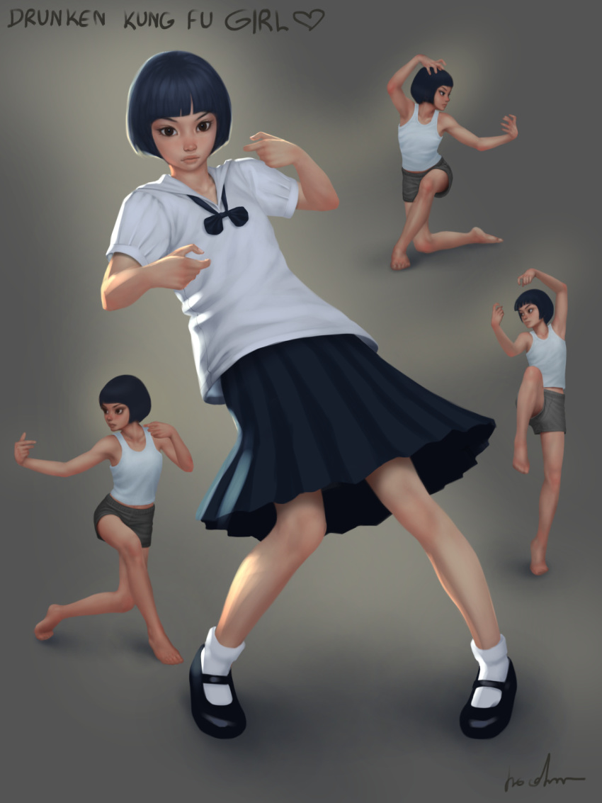 1girl barefoot black_bow black_footwear black_hair black_neckwear black_skirt blouse bow bowtie commentary dunk english_commentary english_text full_body gohpot heart highres kneeling mary_janes original pleated_skirt pose sailor_collar shoes short_hair short_sleeves signature skirt socks solo standing standing_on_one_leg tank_top white_blouse white_legwear white_sailor_collar white_tank_top