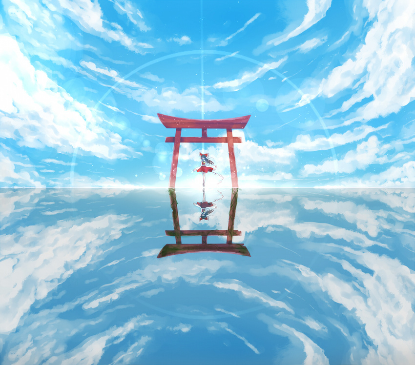 ascot bai_yemeng bare_legs black_hair blue_sky bow cloud day detached_sleeves different_reflection distant gohei hair_bow hakurei_reimu horizon lens_flare long_hair plant reflection salt_flats sky solo tiptoes torii touhou vines water wind