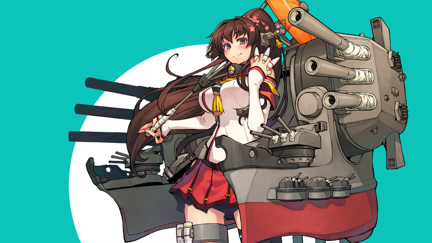 bare_shoulders between_fingers black_legwear blush breasts brown_eyes brown_hair cannon elbow_gloves gloves highres impossible_clothes impossible_shirt kantai_collection large_breasts long_hair looking_at_viewer machinery miniskirt oriental_umbrella pleated_skirt ponytail shirt skirt smile solo tamori_tadaji thighhighs umbrella very_long_hair white_gloves yamato_(kantai_collection)