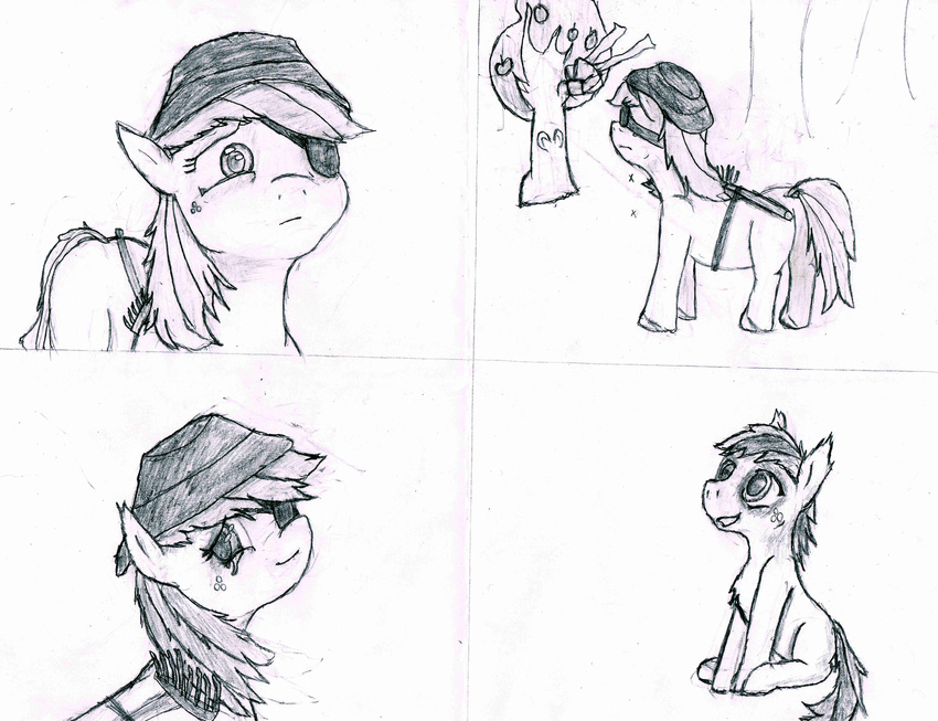 apple_bloom_(mlp) cub derpsickle equine eye_patch eyewear female femalemother freckles friendship_is_magic hat hi_res horse male mammal monochrome my_little_pony original_character pony rake smile son tears widow young