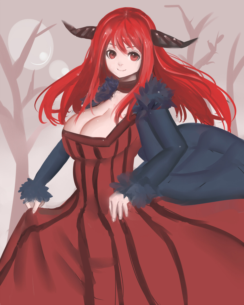 bad_id bad_pixiv_id bare_tree breasts bxr choker cleavage clothes_grab dress floating_hair fur_trim gown highres horns large_breasts long_hair long_sleeves maou_(maoyuu) maoyuu_maou_yuusha red_dress red_eyes red_hair sleeves_past_wrists solo striped striped_dress tree vertical-striped_dress vertical_stripes