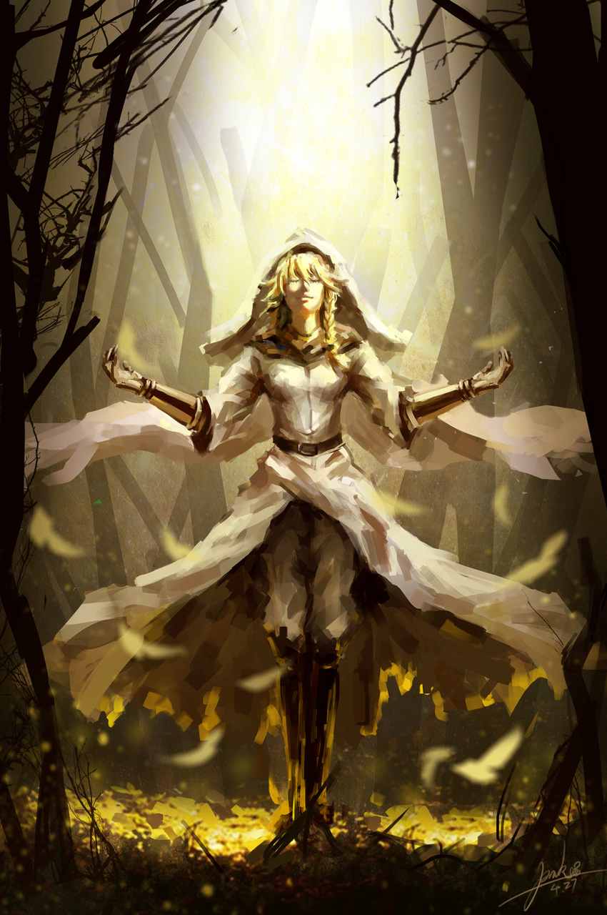 armor blonde_hair braid cloak closed_eyes dated faux_traditional_media forest full_body highres hood long_hair nangua_mache nature pixiv_fantasia pixiv_fantasia_fallen_kings side_braid signature solo sunlight