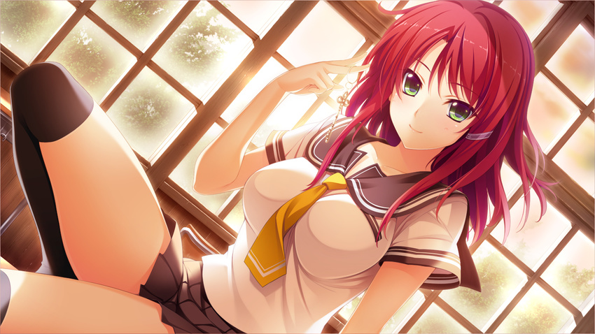 black_legwear classroom dutch_angle game_cg green_eyes hoshi_ori_yume_mirai iizuki_tasuku indoors key looking_at_viewer over-kneehighs red_hair school_uniform smile solo sunset thighhighs window yukimura_touko